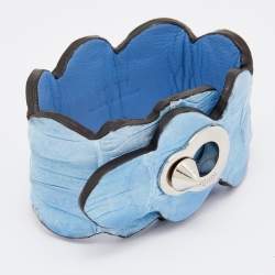 Pre Owned Fendi Silver Tone Blue Leather Wrap Bracelet