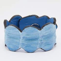 Pre Owned Fendi Silver Tone Blue Leather Wrap Bracelet