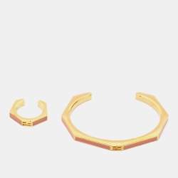Fendi Pink Enamel Baguette Bracelet & Ring Set S