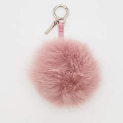Pre Owned Fendi Dusty Pink Pom Pom Fur and Leather Bag Charm