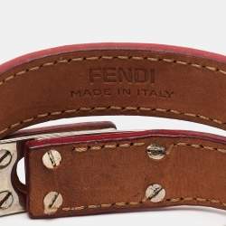 Pre Owned Fendi Red/Beige Leather Silver Tone Double Wrap Bracelet