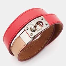 Pre Owned Fendi Red/Beige Leather Silver Tone Double Wrap Bracelet
