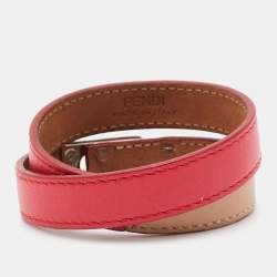 Pre Owned Fendi Red/Beige Leather Silver Tone Double Wrap Bracelet