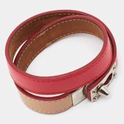 Pre Owned Fendi Red/Beige Leather Silver Tone Double Wrap Bracelet