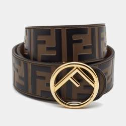 Fendi Brown/Black Zucca Embossed Leather F Buckle Belt 90CM