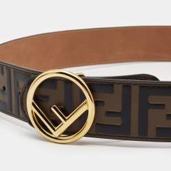 Fendi Brown/Black Zucca Embossed Leather F Buckle Belt 90CM