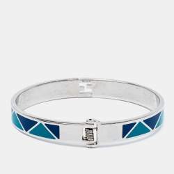 Pre Owned Fendi Green & Blue Enamel Silver Tone Fendista Cuff Bracelet