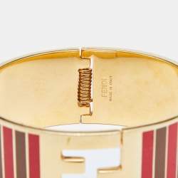 Pre Owned Fendi Fendista Striped Enamel Gold Tone Wide Bracelet S