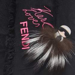 Fendi Black Applique Detail Karlito Silk & Wool Scarf