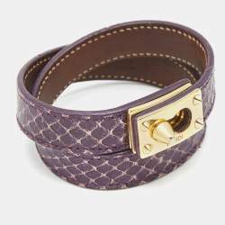 Fendi Purple Leather Gold Tone Double Wrap Bracelet