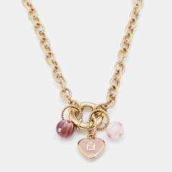 Pre Owned Fendi Pink Enamel Logo Heart & Beads Charm Gold Tone Necklace