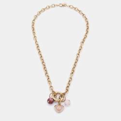 Pre Owned Fendi Pink Enamel Logo Heart & Beads Charm Gold Tone Necklace