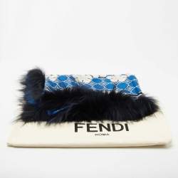 مملوكة مسبقًا Fendi Blue Leaf Print Fox Fur Trim Silk & Wool Shawl