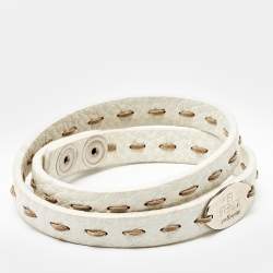 Pre Owned Fendi Selleria White Leather Silver Tone Double Wrap Bracelet