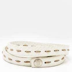 Pre Owned Fendi Selleria White Leather Silver Tone Double Wrap Bracelet