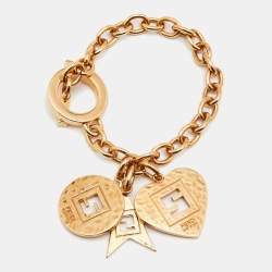 Pre Owned Fendi Heart Star Charm Gold Tone Chain Link Toggle Bracelet