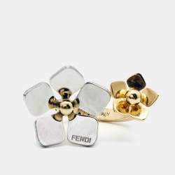 Pre Owned Fendi Flower Motif Two Tone Open Ring Size 52