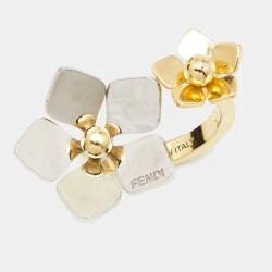 Pre Owned Fendi Flower Motif Two Tone Open Ring Size 52