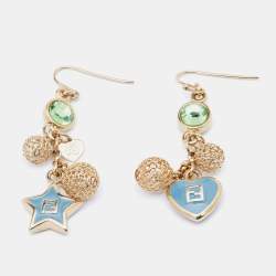 Pre Owned Fendi Gold Tone Logo Star Enamel & Mesh Ball Dangle Earrings