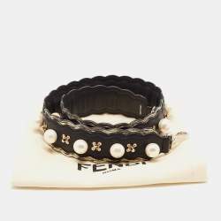 Pre Owned Fendi Black/Cream Leather and Watersnake Pearl Embellished Shoulder Bag Strap