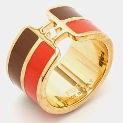 Pre Owned Fendi  F is Fendi Bicolor Enamel Gold Tone Ring Size M