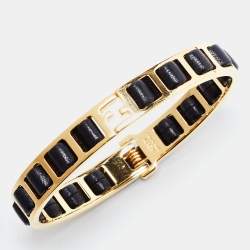 Pre Owned Fendi Leather Gold Tone Bracelet S