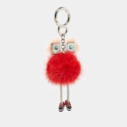 Pre Owned Fendi Red/Peach Fur Hypnoteyes Chick Pom Pom Bag Charm
