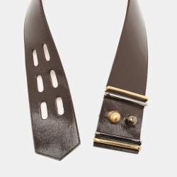 Pre Owned Fendi Choco Brown Glossy Leather Metal Waist Belt 75CM