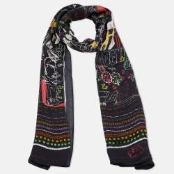 Fendi Black Abstract Printed Silk Scarf