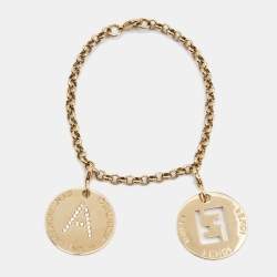 Pre Owned Fendi Logo Identification Letter  A Crystal Gold Tone Charm Bracelet