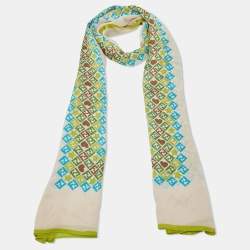Fendi Cream Logo Printed Silk Scarf