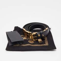 Fendi x Versace Black Leather Logo Letters Buckle Belt 105CM