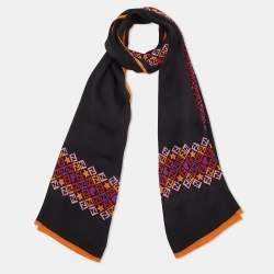 Pre Owned Fendi Black Monogram Printed Silk Scarf