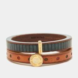 Fendi Selleria Multicolor Leather & Wood Bangles Set of 2