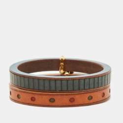 Fendi Selleria Multicolor Leather & Wood Bangles Set of 2