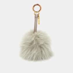 Pre Owned Fendi Grey Fox Fur Pom Pom Bag Charm