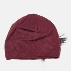 Pre Owned Fendi Burgundy Wool Monster Eye Fur Detail Beanie (One Size)