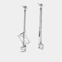 Fendi Silver Tone Chain Detail Logo Drop Earrings