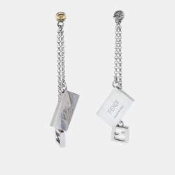 Fendi Silver Tone Chain Detail Logo Drop Earrings