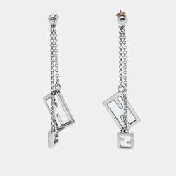 Fendi Silver Tone Chain Detail Logo Drop Earrings