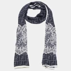Pre Owned Fendi  Grey Zucca Lace Print Silk Chiffon Scarf