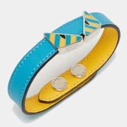 Pre Owned Fendi Monster Eye Enamel Leather Silver Tone Bracelet