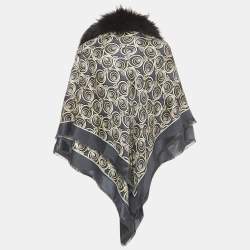 Fendi Dark Grey Touch of Fur Printed Silk & Wool Scarf
