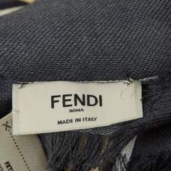 Fendi Dark Grey Touch of Fur Printed Silk & Wool Scarf