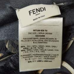 Fendi Dark Grey Touch of Fur Printed Silk & Wool Scarf