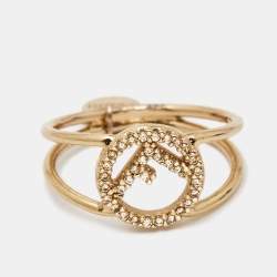 Pre Owned Fendi F is Fendi Crystal Logo Gold Tone Ring Size 54