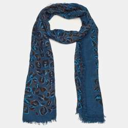 Fendi Blue Zucca Leopard Pattern Printed Modal & Silk Scarf