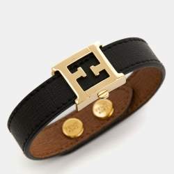Pre Owned Fendi FF Logo Leather Gold Tone Bracelet