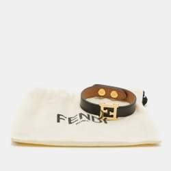 Pre Owned Fendi FF Logo Leather Gold Tone Bracelet