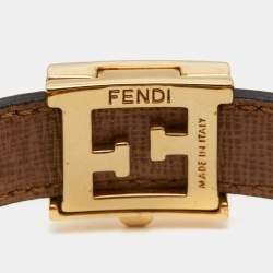 Pre Owned Fendi FF Logo Leather Gold Tone Bracelet